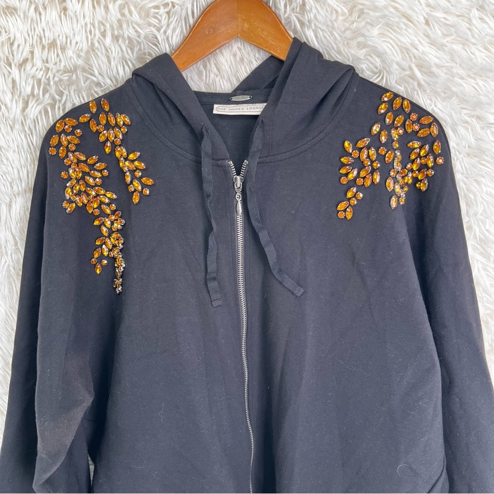 The Muses Lounge Beaded Zip Front Scuba Knit Hooded Sweatshirt Black XL Hoodie